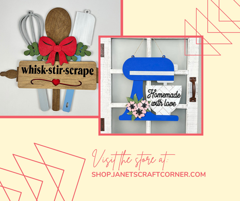 A promotional image featuring chic kitchen-themed wall art: Left shows utensils tied with a bow and a "whisk-stir-scrape" sign, right displays the Kitchen Mixer Wall Hanger with pink flowers and "Homemade with love." Text reads, "Discover home decor treasures at shop.janetscraftcorner.com.