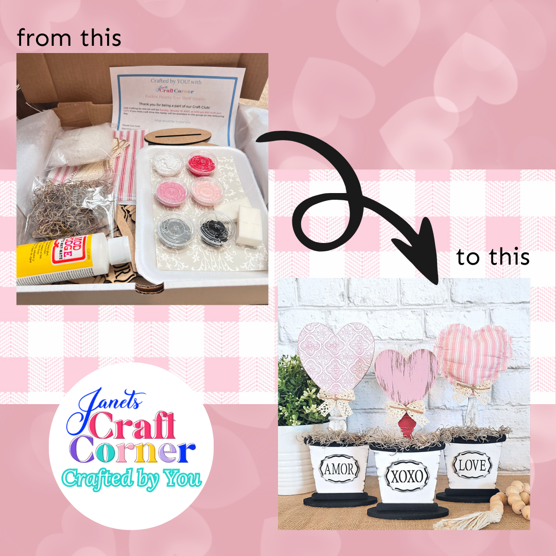 Before and after comparison of craft supplies and finished product for Janet's Craft Corner Crafted by You subscription, January 2025