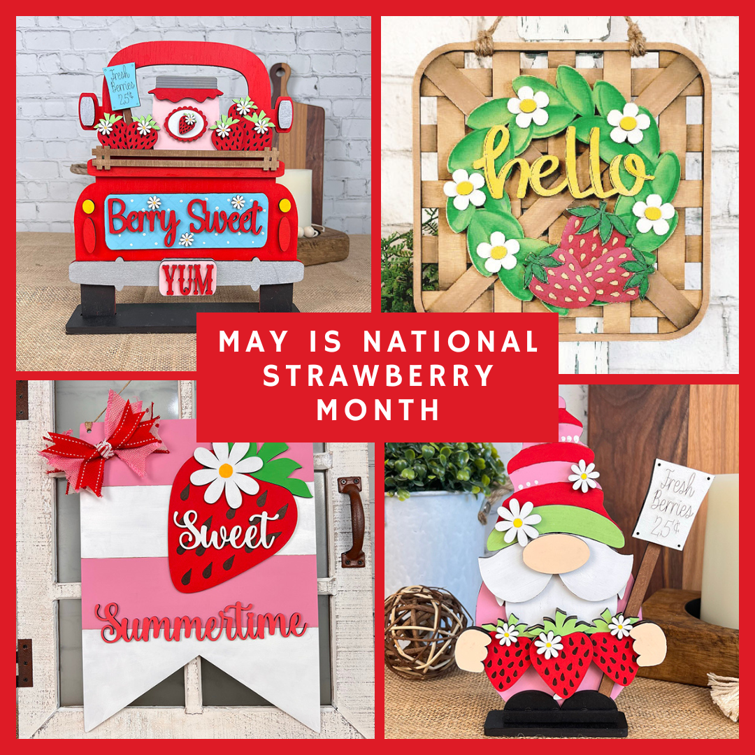 Celebrate National Strawberry Month with Janet's Craft Corner's Berry Sweet Interchangeable Insert. This DIY kit includes a truck, basket with "hello," and "Sweet Summertime" sign, perfect for farmhouse décor.