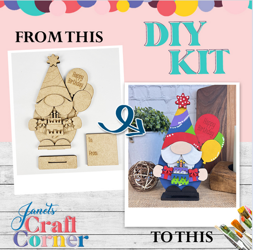 Introducing Janet's Craft Corner's Birthday Gnome Shelf Sitter DIY kit! Transform unfinished wooden pieces into a charming gnome with a festive hat and gift. Perfect for adding whimsy to your décor, all amidst vibrant art supplies. "From This to This - DIY Kit.