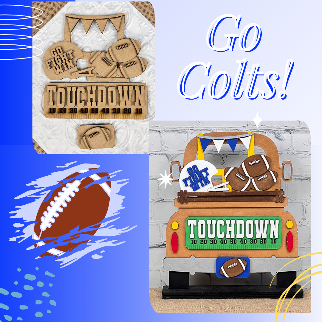 From the DIY kit from Janet's Craft Corner to the charming copper truck showcasing a football-themed interchangeable insert with blue & white accents, including footballs, a helmet with "Go Fight Win," a goalpost, and a "Touchdown" sign. Perfectly set against a white brick wall backdrop, it offers an ideal project for hand-painted DIY craft enthusiasts looking to add a personal touch to their decor.