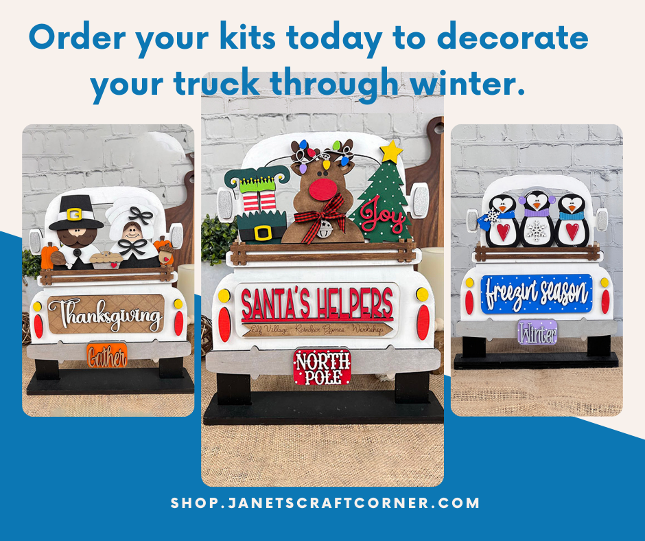 Discover three themed DIY craft kits for interchangeable home decor from Janet's Craft Corner: Thanksgiving with pumpkins and a scarecrow, Santa's Helpers with presents and a Christmas tree, and Freezin' Season Insert featuring penguins and snowflakes. Hand-painted perfection awaits. Order now!.