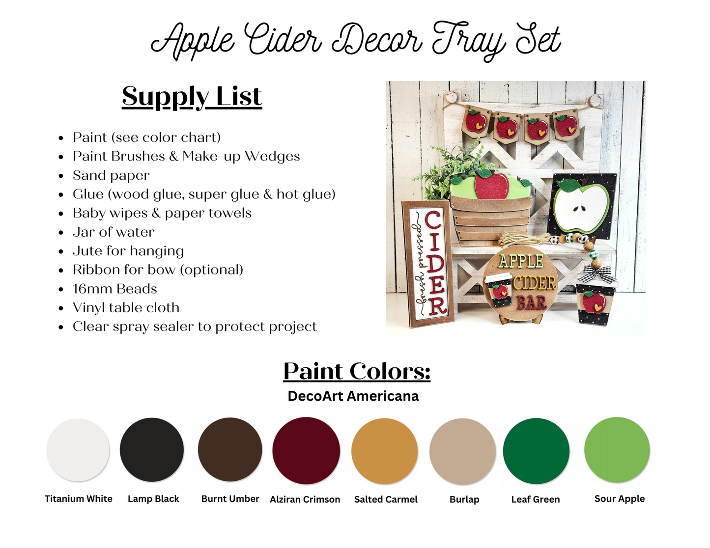 A display of Janet's Craft Corner showcases the "Apple Cider Decor Set - 6 pieces," a charming DIY home decor kit featuring hand-painted, apple-themed items. Included in the supply list are paint colors such as white, black, burnt umber, crimson, caramel, burlap, green, and sour apple to inspire your home décor creations.