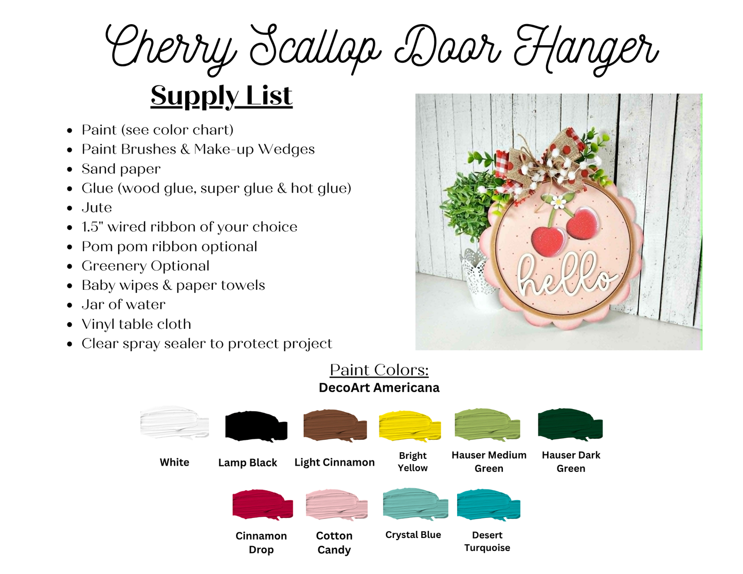 Janet's Craft Corner Cherry Hello Scallop Door/Wall Hanger DIY craft kit includes a round pink hanger with cherries and "hello," plus all paints, materials, and ribbons—perfect for seasonal home décor. Set of 1.