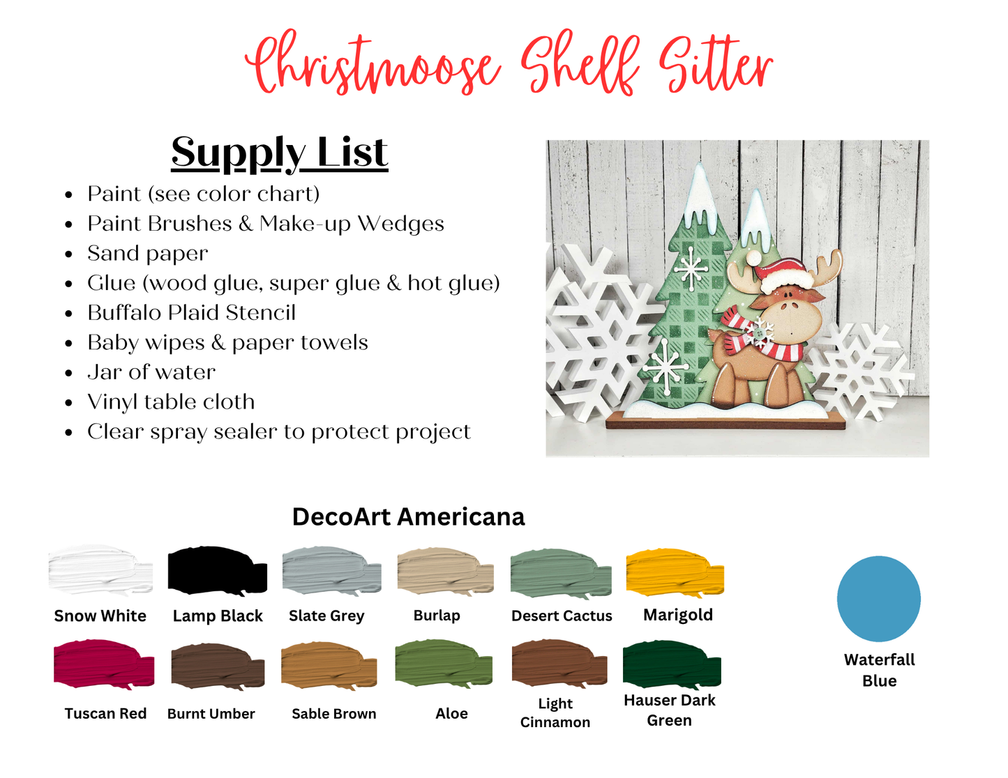 Janet's Craft Corner Moose with Trees Shelf Sitter DIY kit: supply list and paint color chart included. See finished festive moose, trees, and snowflakes; paint names and materials listed next to this woodland decoration.