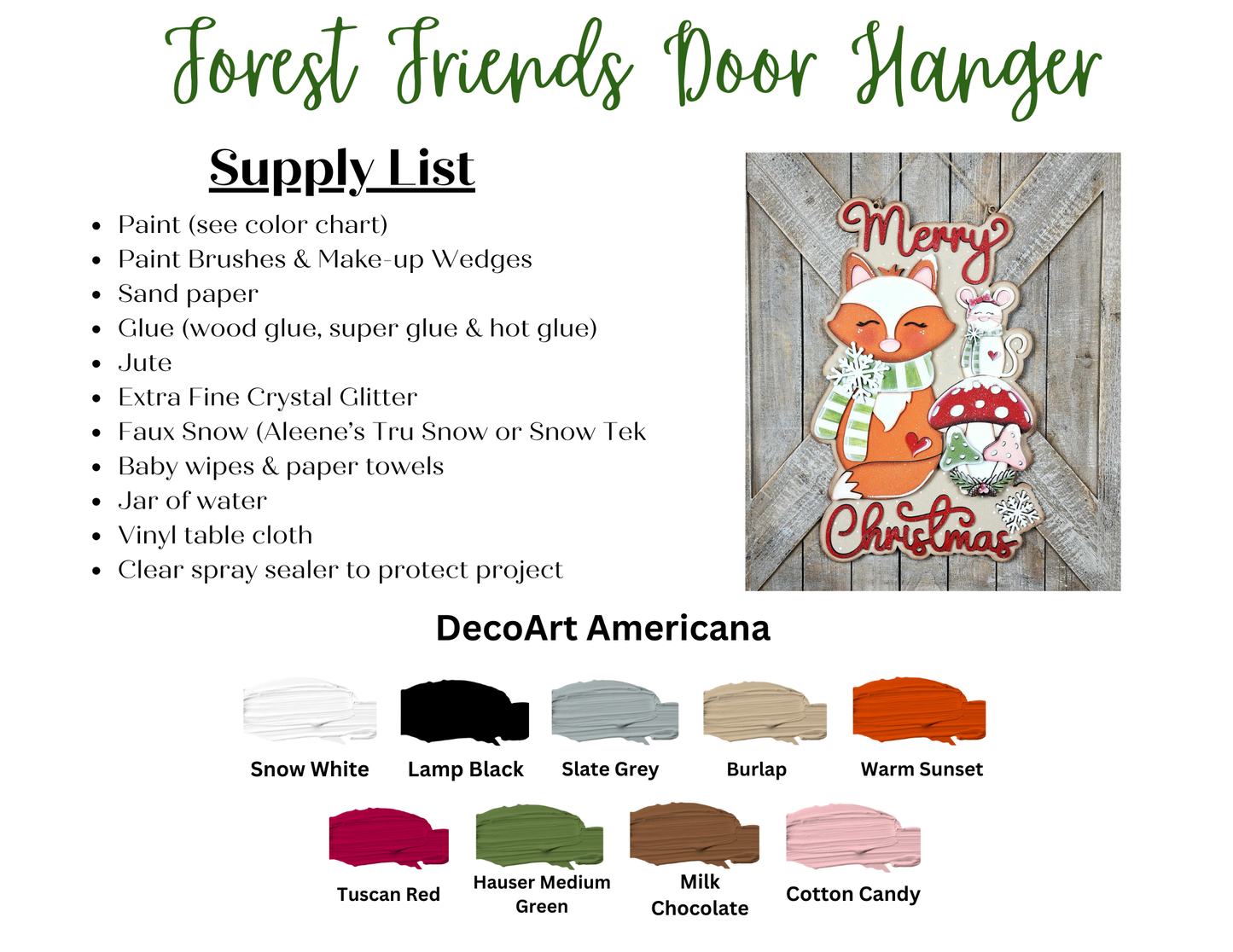 Create festive decor with Janet's Craft Corner Christmas Fox Door/Wall Hanger DIY kit—includes paint colors, supplies, and features a fox, raccoon, mushrooms, and "Merry Christmas" text. Paint swatches shown below. Set of 1.