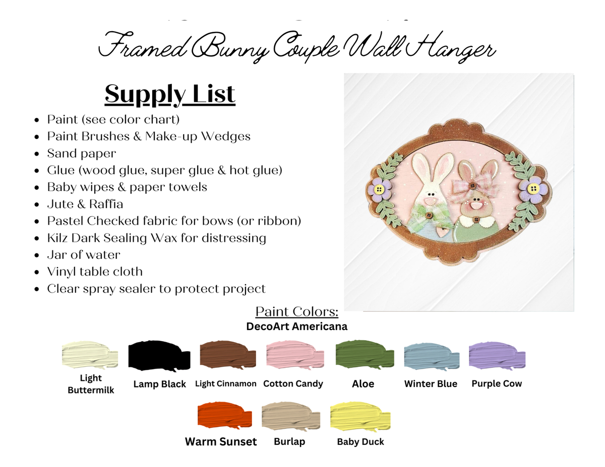 Janet's Craft Corner Framed Bunny Couple Door/Wall Hanger DIY kit includes a supply list and paint guide to create a pastel bunny decor with flowers and bow—perfect for seasonal home decorating. Set of 1.
