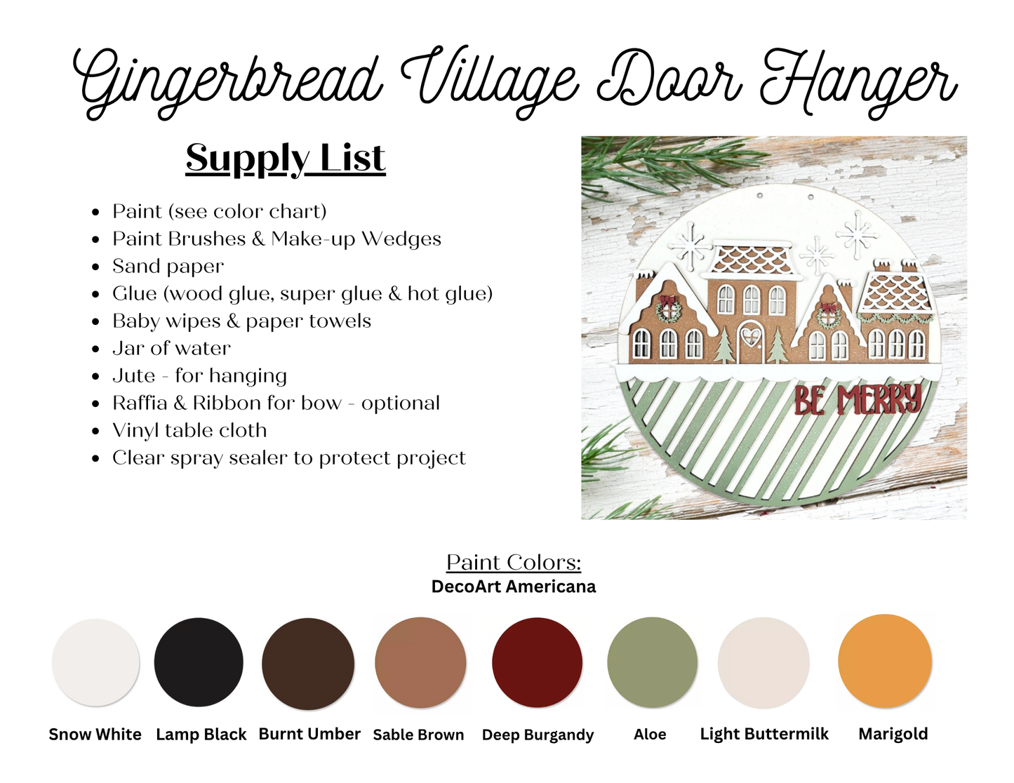 Janet's Craft Corner’s Gingerbread Village Door Hanger DIY kit includes a supply list, paint color chart, and features a painted wooden sign with gingerbread houses and “Be Merry”—the perfect festive holiday décor!.