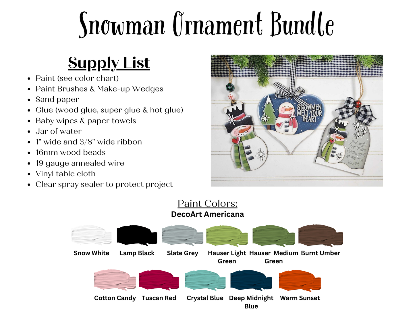 Supply list and paint color chart for Janet's Craft Corner Snowman Ornaments - DIY holiday craft kit (Set of 1), featuring images of five finished wooden snowmen with ribbon and holiday messages on a black and white checkered background.