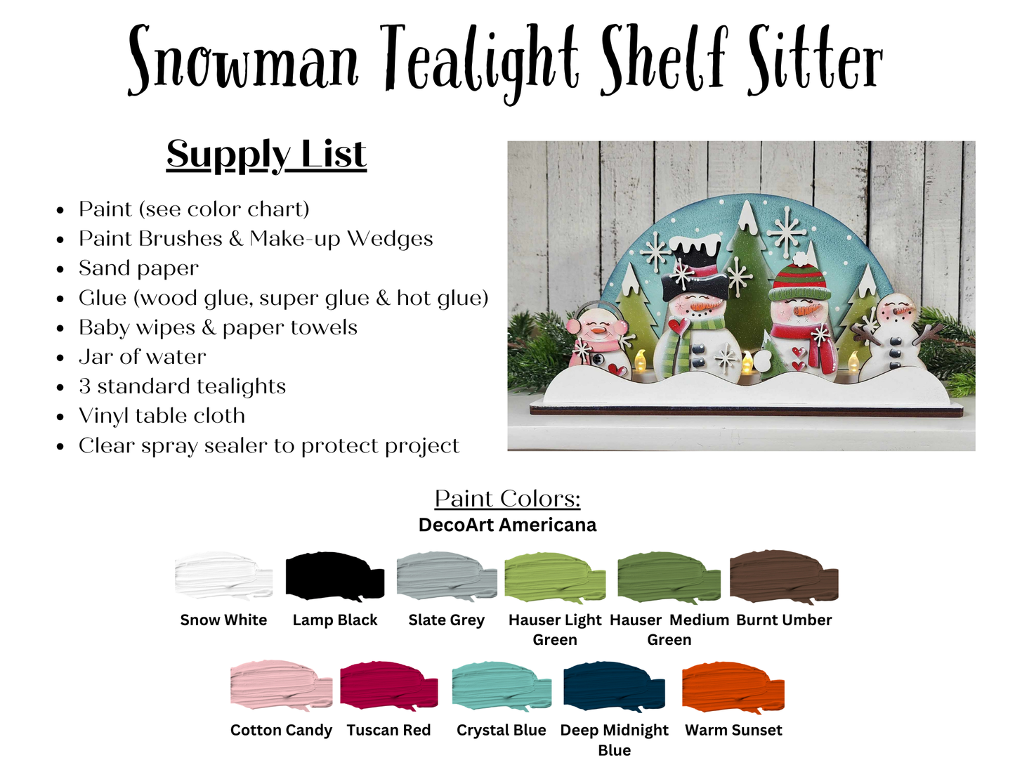 A supply list and paint color guide for Janet's Craft Corner Snowman Tealight Shelf Sitter, featuring snowmen, trees, and tealights against a snowy teal backdrop.