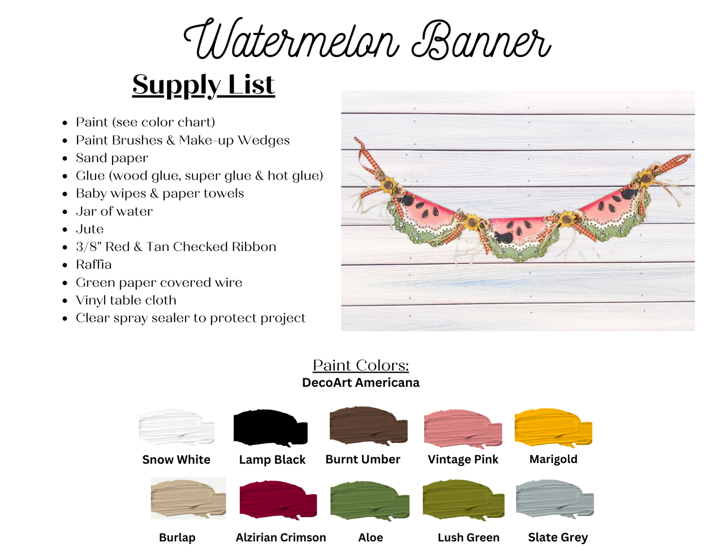 The Janet's Craft Corner 1a - MASTER product includes wood cut-outs, paint colors, string, ribbon, and tools. Swatches in various shades are shown—ideal for DIY seasonal home decor projects.