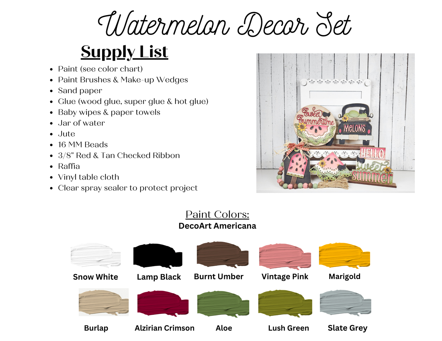 Find a supply list and paint color chart for the Vintage Watermelon Decor Set by Janet's Craft Corner, featuring decorative wood cut-outs with watermelon and summer motifs, plus vibrant color swatches below.