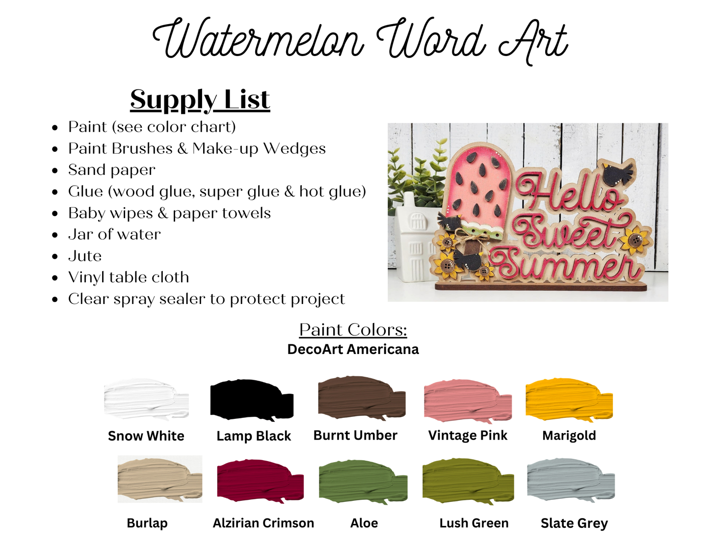 Supply list and paint color chart for Janet's Craft Corner Vintage Watermelon Word Art Shelf Sitter, perfect for summer decor. Includes a finished example and labeled paint color swatches.