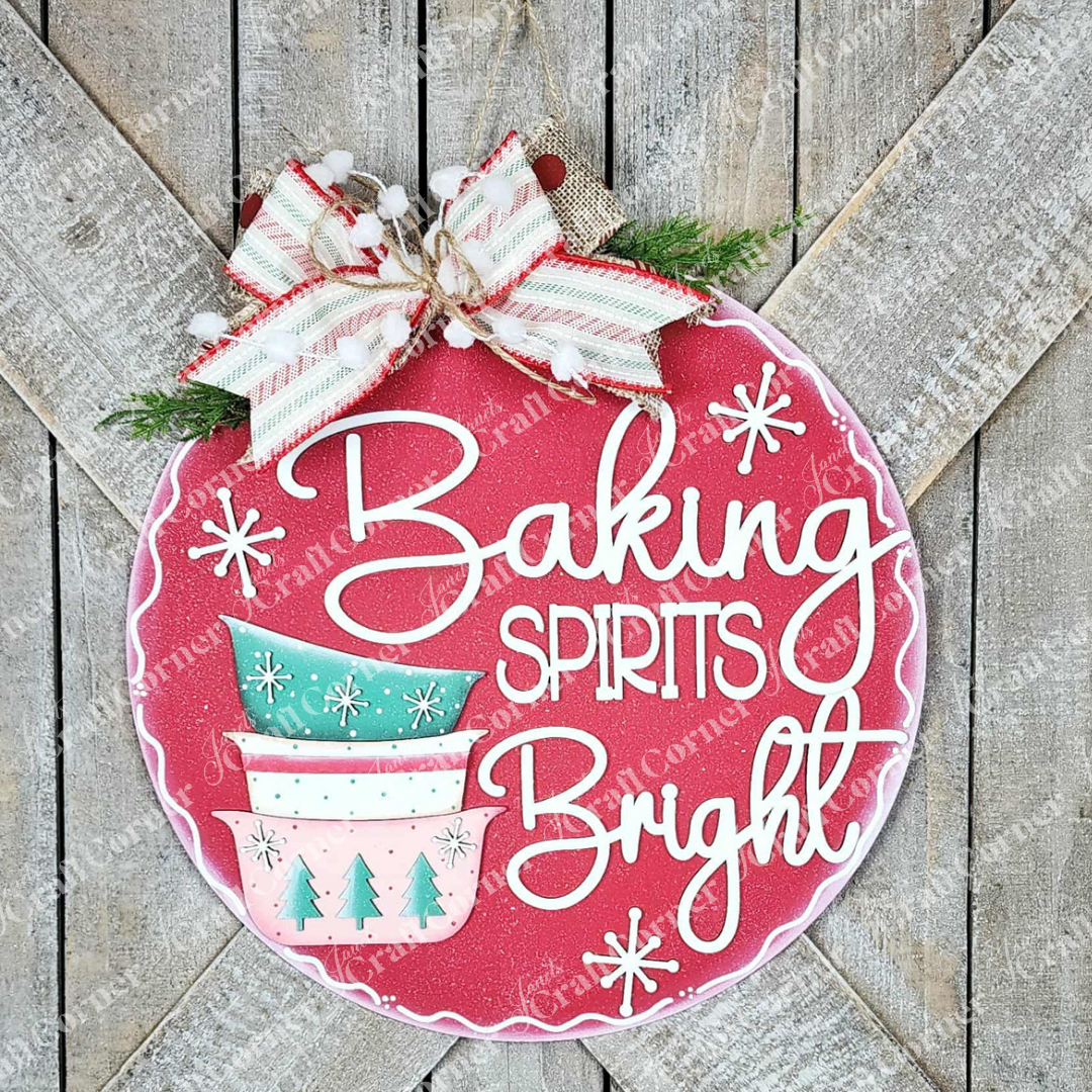 Janet's Craft Corner Baking Spirits Bright Bowls Door/Wall Hanger DIY kit: Ornament-shaped red holiday décor with stripe bow, greenery, stacked bowls & snowflakes—festive for doors or walls. Set of 1.