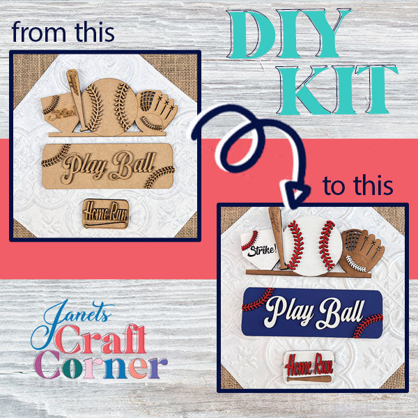 Discover the Baseball Interchangeable Insert from Janet's Craft Corner—a DIY home decor kit. On the left, you'll find unfinished wooden baseball-themed pieces including a glove and bat, while on the right, these pieces are beautifully painted and assembled. This kit is perfect for interchangeable decor with prominent "Play Ball" and "Home Run" highlights, creating a true baseball insert masterpiece.