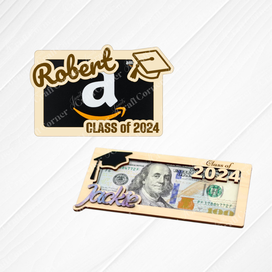 Two Janet's Craft Corner Graduation Gift Card Holders: a custom Amazon-style holder for "Robert" and a $100 bill-style holder for "Jackie," both personalized "Class of 2024.