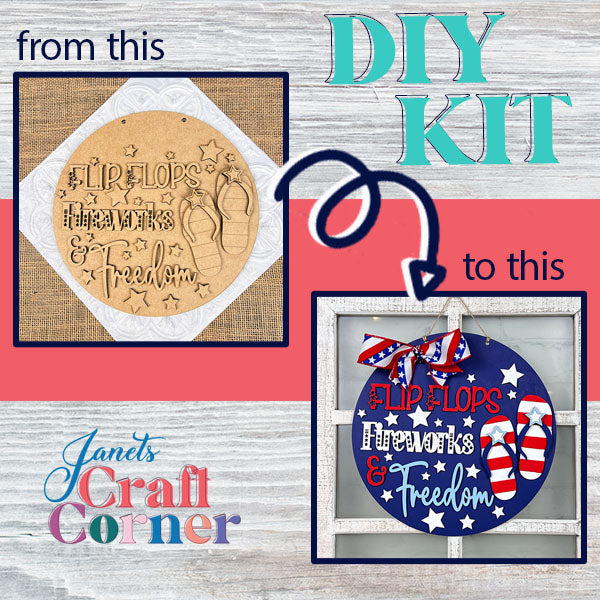 The DIY craft kit from Janet's Craft Corner creatively turns an unpainted wooden plaque into a colorful artwork, adorned with patriotic hues and star embellishments. Its Americana-inspired design showcases the theme "Flip Flops Fireworks & Freedom," making it ideal for crafting your own Patriotic Flip Flops Door Hanger.