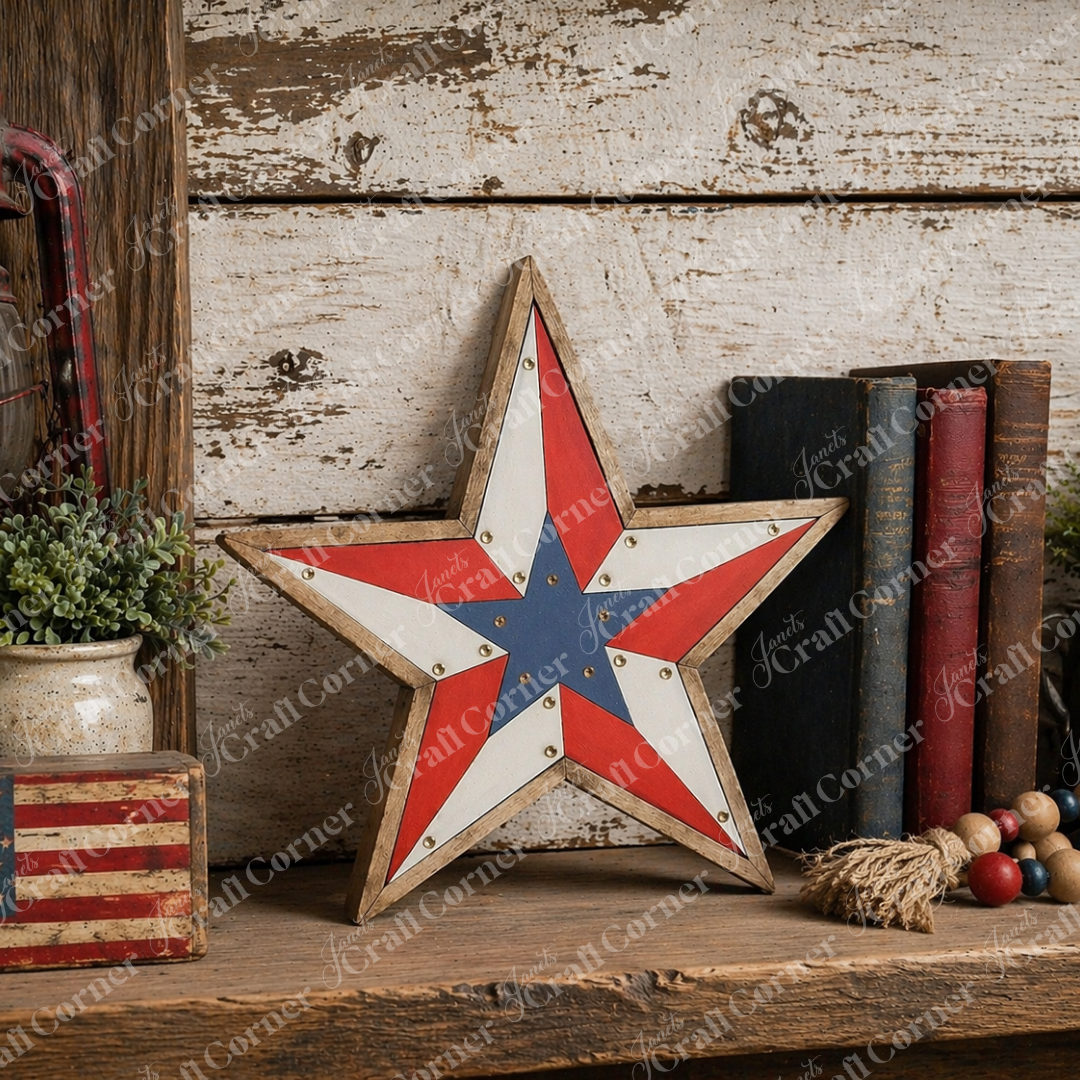 The Rustic Star Shelf Leaner by Janet's Craft Corner features red, white, and blue wood in Americana style. Rest it against a wall alongside plants, vintage books, or decor for classic patriotic flair.