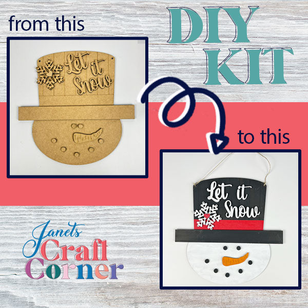 Transform an unpainted wood snowman face into a delightful Snowman Door Hanger with this DIY kit. Featuring "Let it Snow" in white script, delicate snowflakes, and a painted face, the finished piece adds festive cheer to your home décor. This charming creation comes from Janet's Craft Corner.