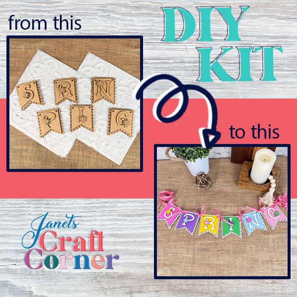 Image showcasing a transformation with Janet's Craft Corner products. Top left: coasters featuring wooden letters spelling "S P R I N G." Bottom right: a vibrant Spring Banner elegantly arranged with candles and flowers, ideal for home décor. Text: "from this" and "to this" with Janet's Craft Corner.