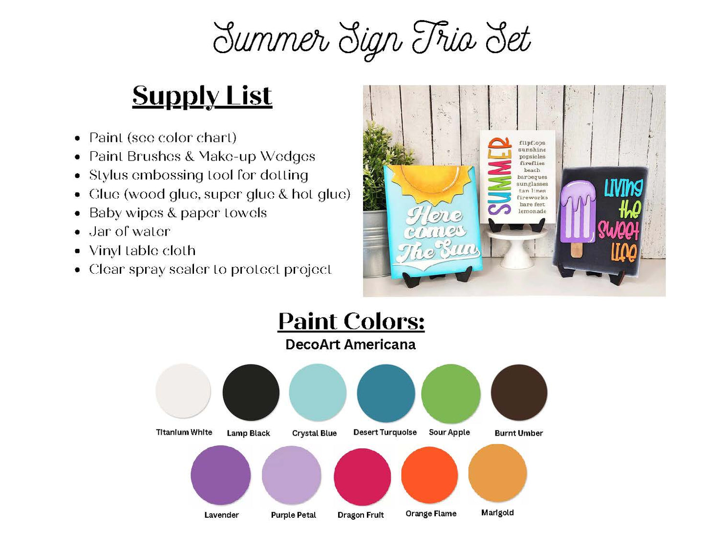 An instructional graphic for Janet’s Craft Corner’s Summer Interchangeable Farmhouse Signs DIY kit. Includes a supply list, a DecoArt Americana paint chart with ten swatches, and three finished signs on stands—perfect for seasonal farmhouse decor.