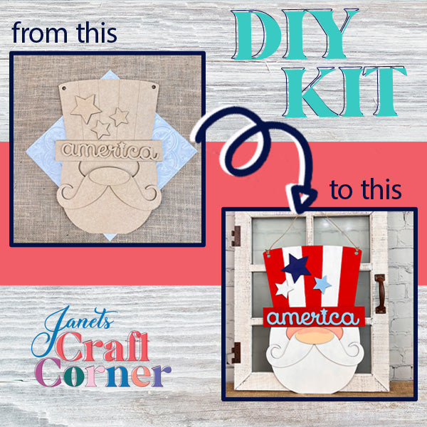 Transform your celebrations with the Uncle Sam Gnome Door Hanger DIY kit from Janet's Craft Corner. The left side showcases an unpainted wooden cutout gnome adorned with stars and stripes, featuring "america" in script. The right side reveals a vibrant completed Uncle Sam Door Hanger, making it an ideal addition to your Independence Day decorations. Accompanied by the text "from this to this" and emphasized with a blue arrow.
