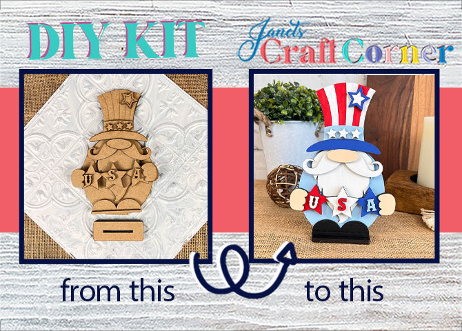 Transform your space with Janet's Craft Corner's Uncle Sam Gnome Shelf Sitter! This DIY craft kit features a "USA" wooden gnome perfect for farmhouse decor, coming alive in red, white, and blue with stars and stripes. Enjoy the joy of crafting this festive season!.