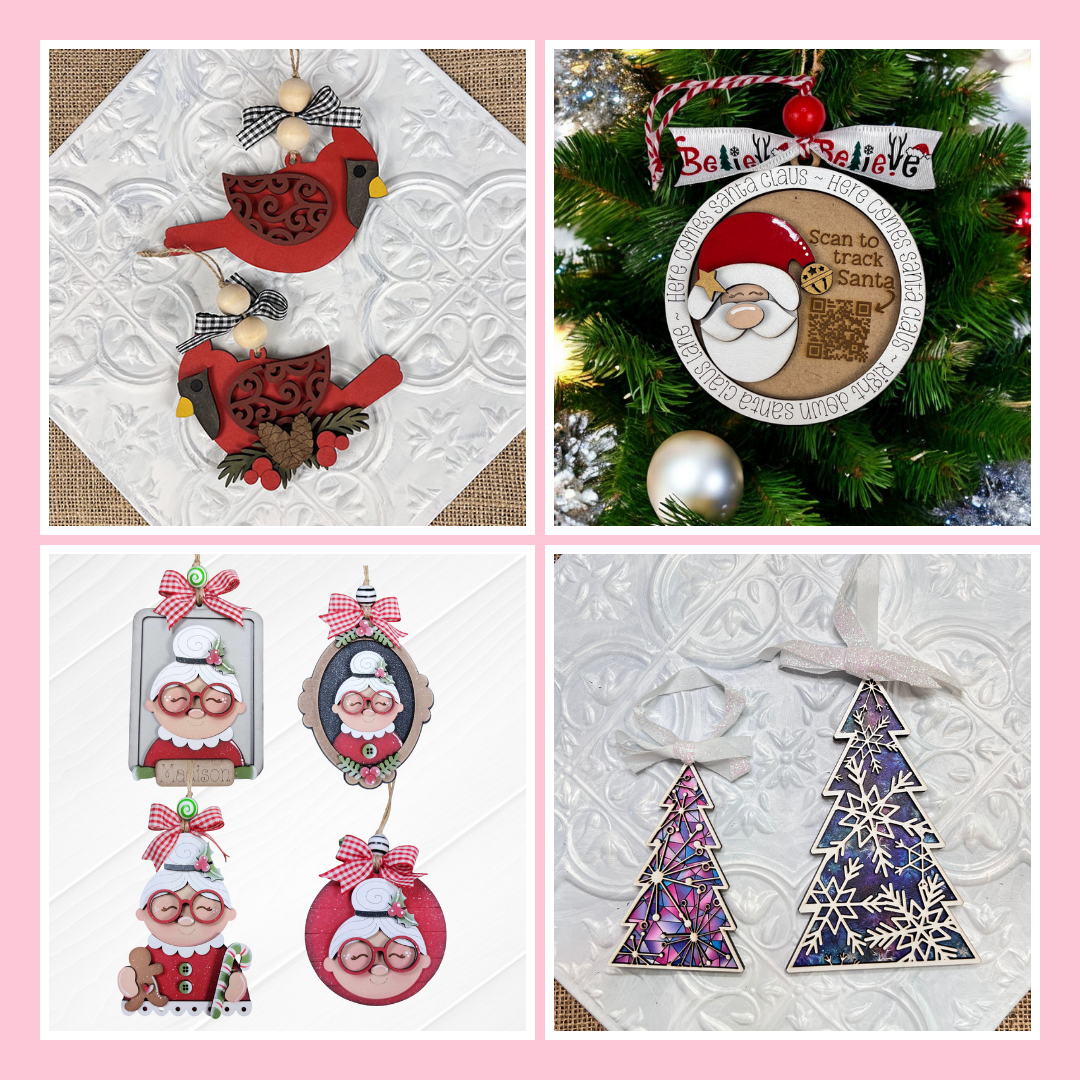 A collage of four images showing handmade Christmas ornaments: two red birds, a Santa ornament on a tree, four Mrs. Claus faces, and two purple Christmas trees with silver accents on white backgrounds.