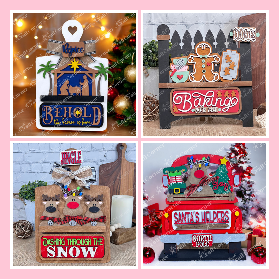 Four festive wooden Christmas signs featuring themes of Nativity, baking, reindeer, and Santa's helpers, each decorated with holiday icons and vibrant, colorful details.