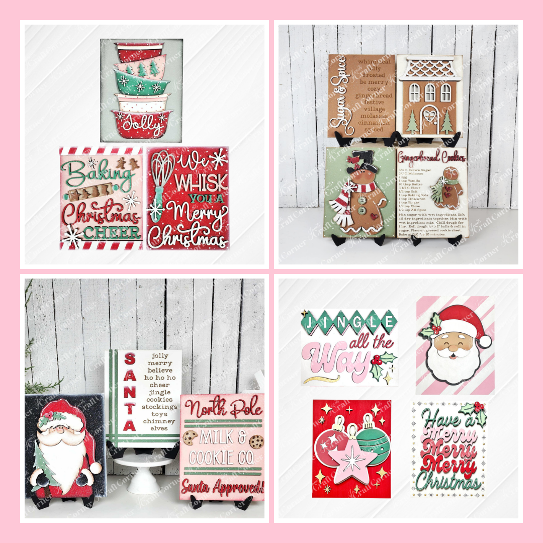A collage of festive Christmas-themed signs featuring holiday sayings, Santa, gingerbread, mugs, and decorative elements in red, green, and white on wooden backgrounds.