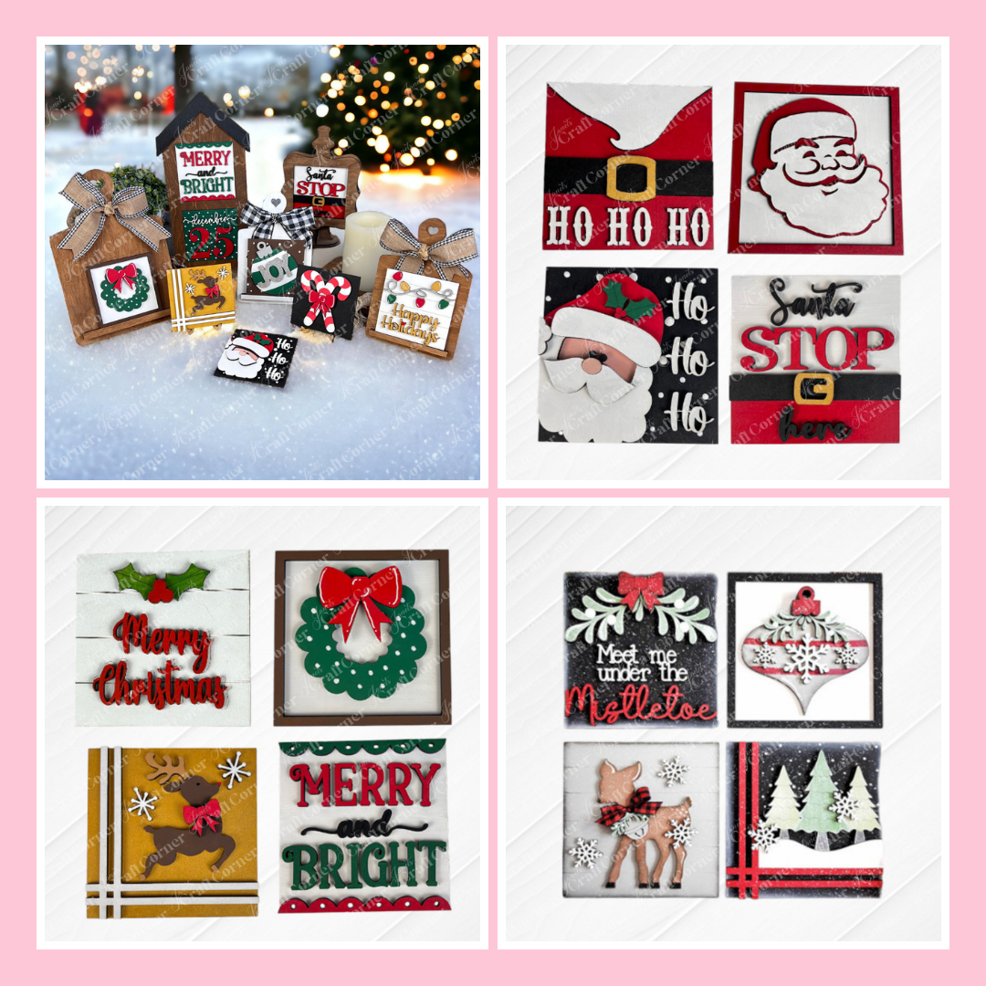 A collage of festive Christmas-themed gift bags and cards featuring Santa, reindeer, wreaths, ornaments, trees, and holiday greetings, all decorated with bright colors and cheerful designs.