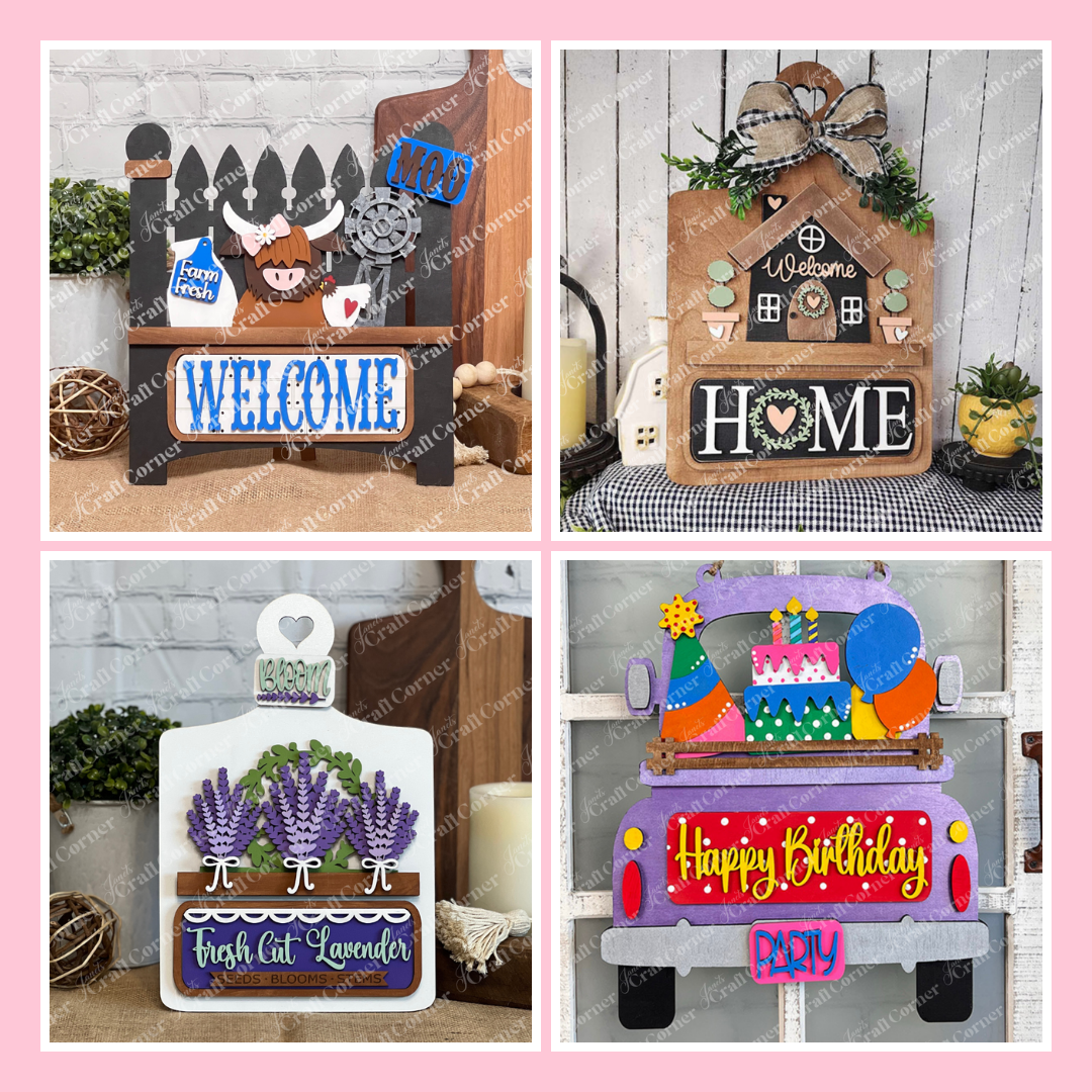 A collage of four decorative wooden signs: "WELCOME" with a cow, "HOME" with a house, "Fresh Cut Lavender" with purple flowers, and "Happy Birthday" on a colorful car.
