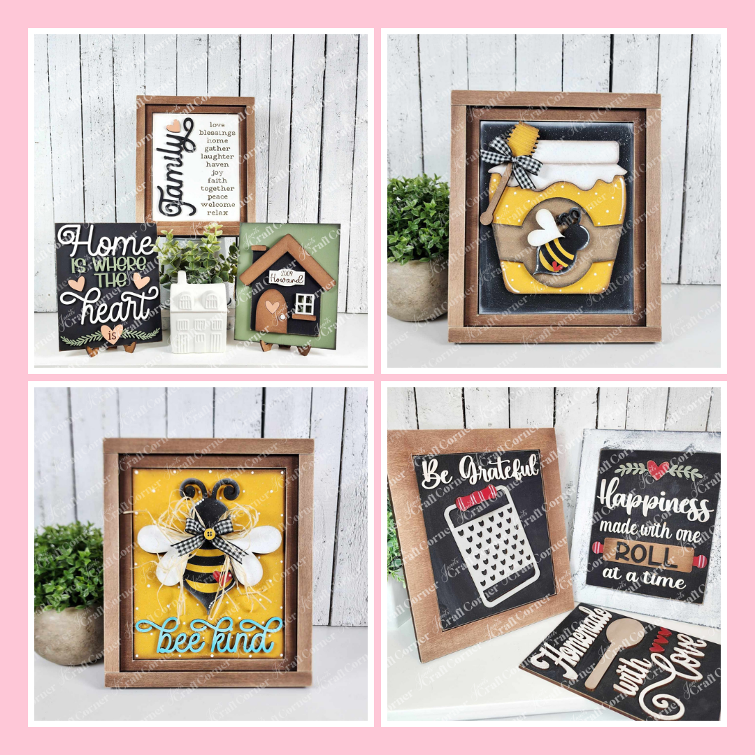 A collage of four photos displays farmhouse-style decorative signs, featuring bees, honey jars, and uplifting messages about family, gratitude, home, and kindness, all with a rustic, handmade look.