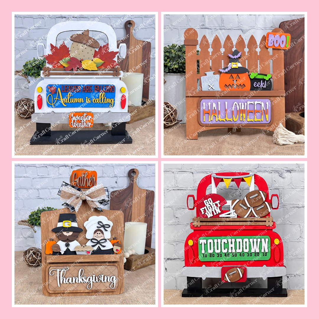 Four festive wooden decorations: autumn leaves in a truck, a Halloween fence with pumpkins and candy, Thanksgiving pilgrims with pumpkins, and a football-themed truck that says "TOUCHDOWN.