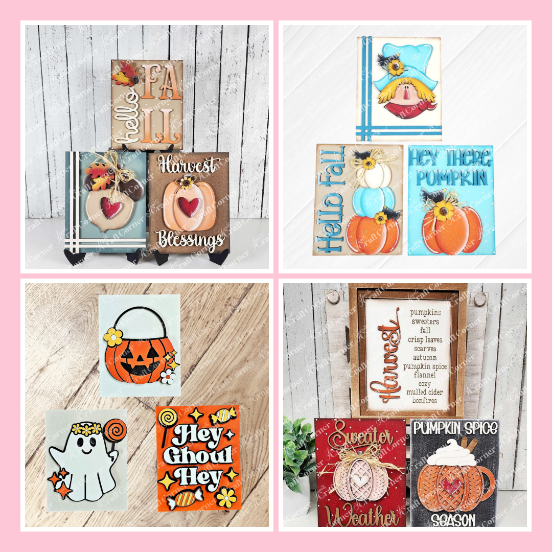 A collage of autumn-themed signs and cookies, including pumpkins, leaves, a ghost, a jack-o’-lantern, and fall greetings, arranged in a four-square grid on a pink background.