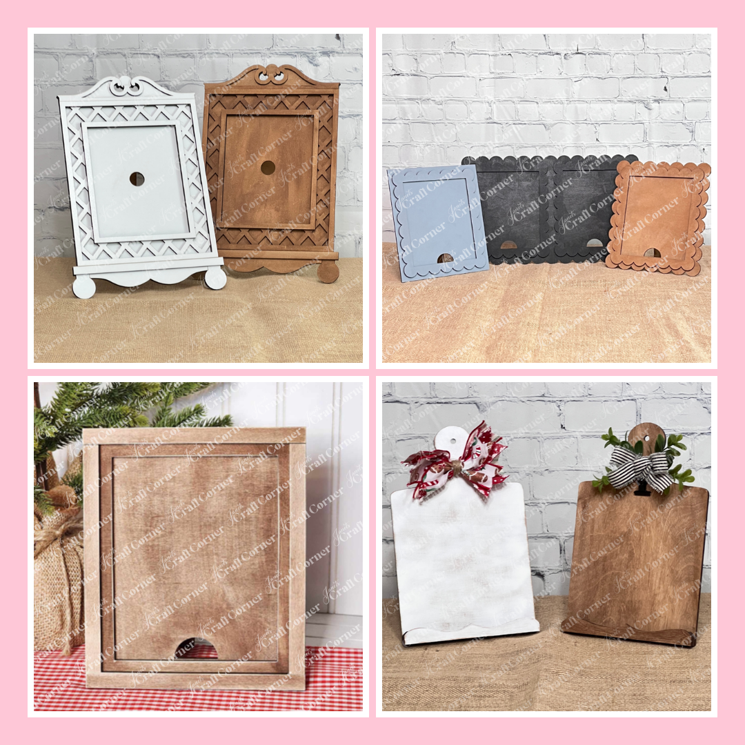 A collage of four rustic wooden decor pieces, including cutting boards with stands, a tray with a cutout handle, a framed board with a round hole, and three scalloped rectangular boards in black, white, and brown.