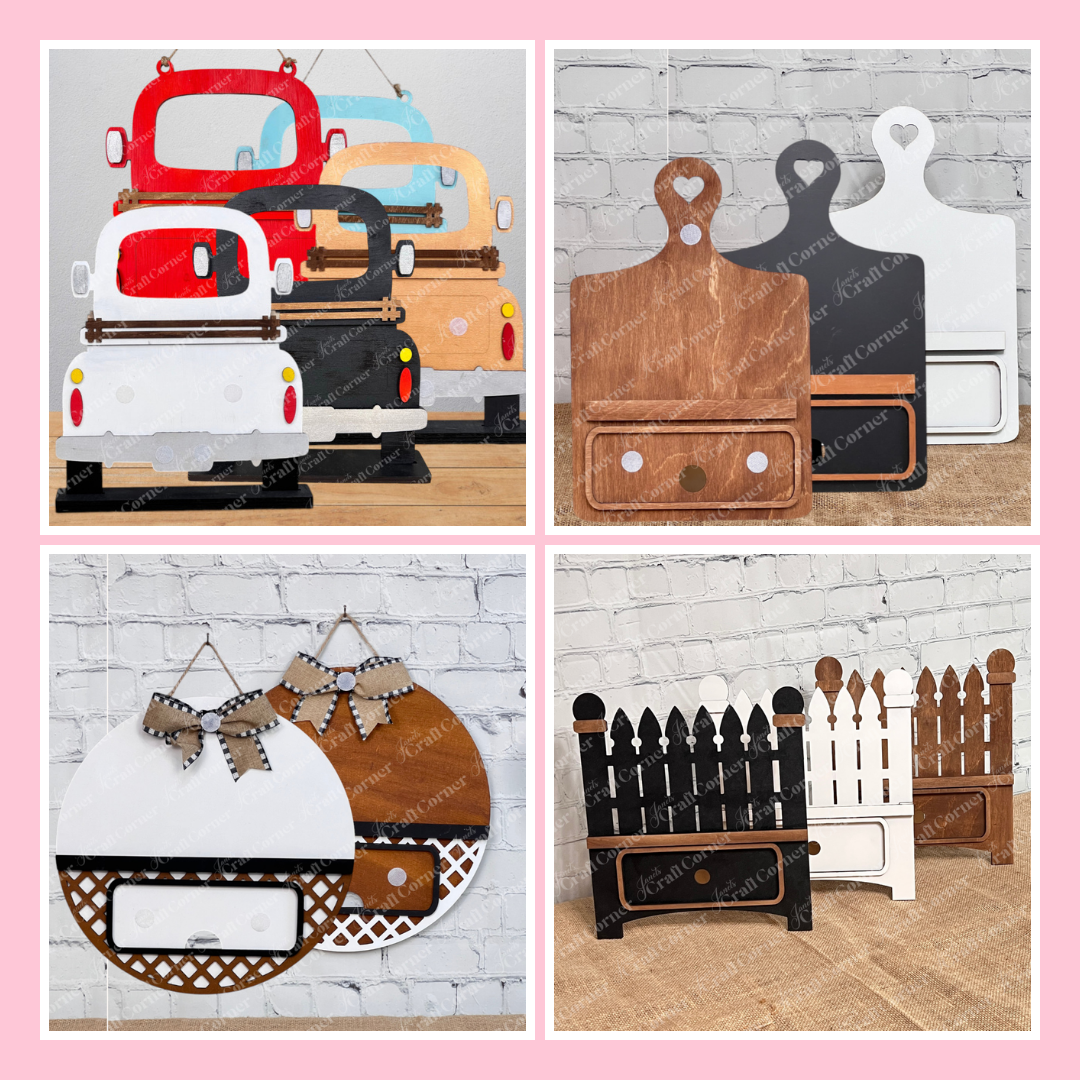 A collage of four images showing decorative wooden blanks shaped like trucks, cutting boards, round plaques, and picket fences in various colors, displayed against light backdrops.
