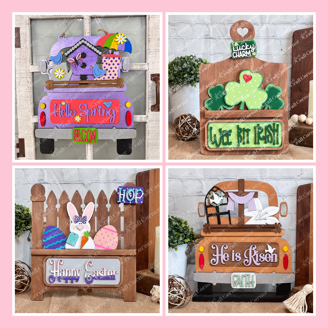 Four festive signs shaped like trucks, each decorated for spring: "Hello Spring," "We Bit Irish," "Happy Easter," and "He is Risen," with seasonal symbols like flowers, clovers, eggs, and a cross.