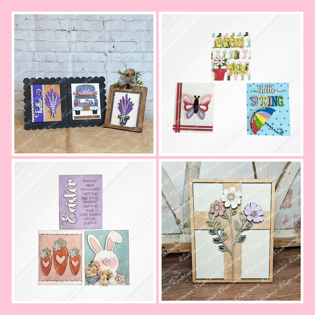 A collage of handmade spring-themed greeting cards, including floral, Easter, butterfly, and “Hello Spring” designs, displayed on textured backgrounds in four pastel-bordered sections.