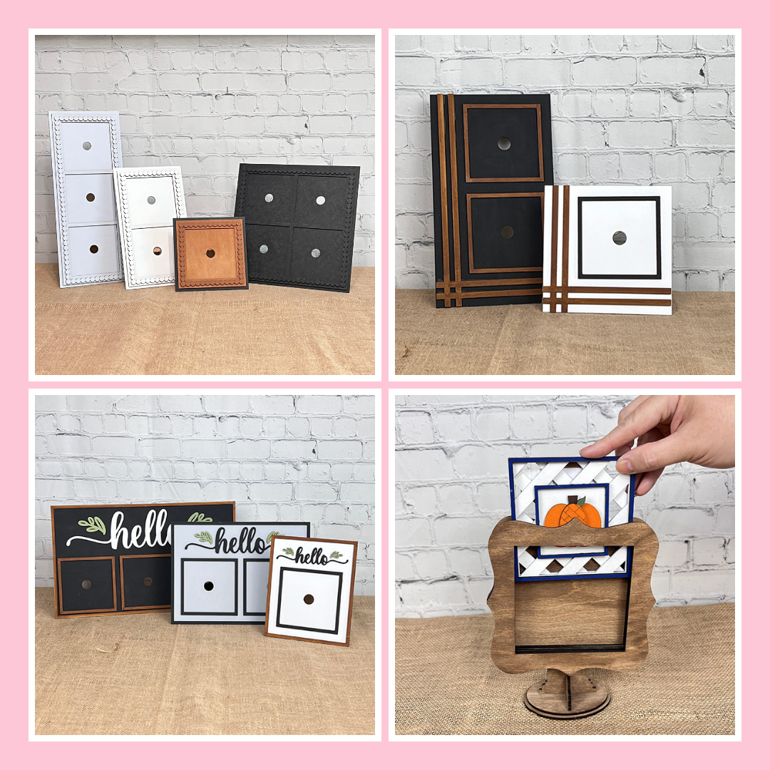 A collage shows sets of decorative square and rectangular photo frames in black, white, and wood tones, displayed on a table and wall, with one frame being held to insert a card.