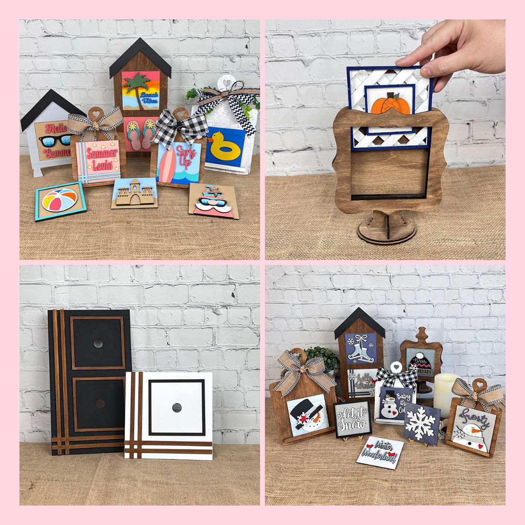 A collage of seasonal wooden decor: summer and winter signs, a hand placing art in a wood frame, and two geometric frames, all displayed on a burlap surface with white brick background.
