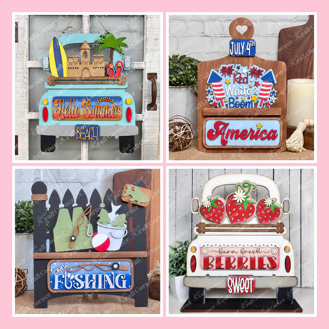 Four decorative signs shaped like trucks with seasonal themes: summer beach, July 4th America, fishing with a frog, and a farm truck with strawberries, all displayed on shelves.