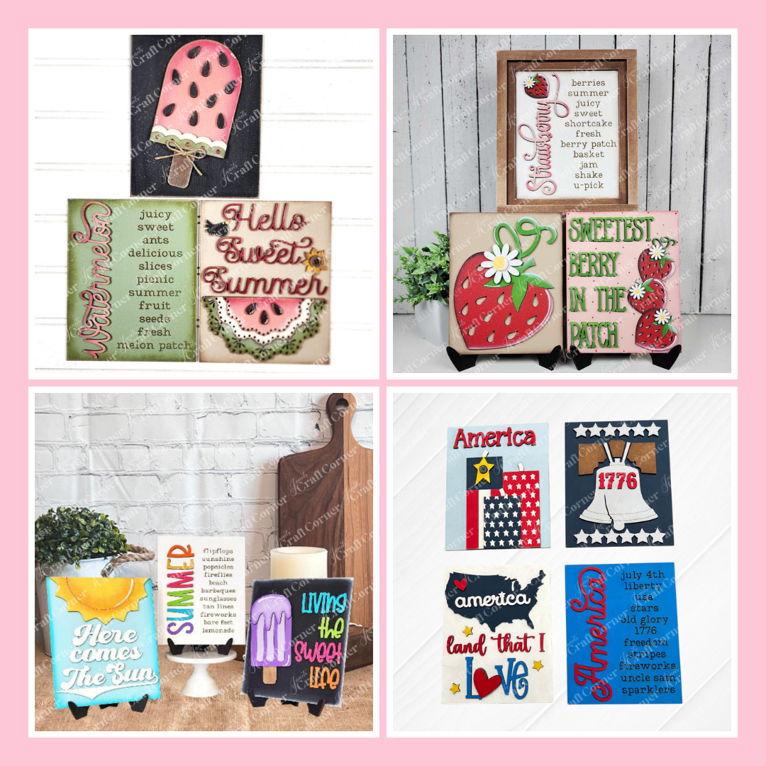 A collage of colorful summer-themed wooden signs featuring fruits, patriotic motifs, uplifting quotes, and seasonal phrases, displayed on stands and decorated with playful designs.