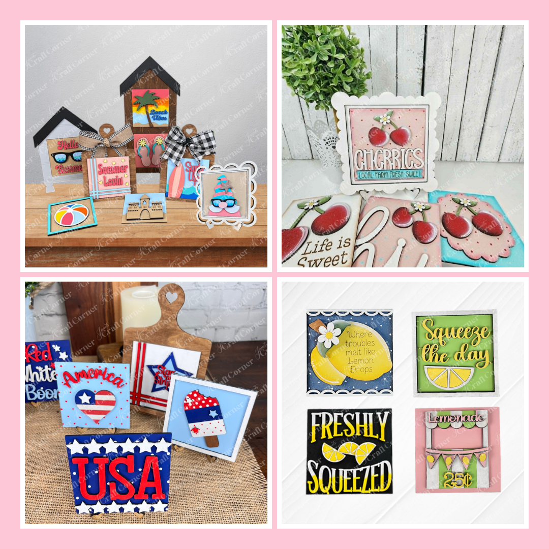 A collage of four images displays summer-themed decorative signs, including phrases like "Hello Summer," "Cherries," "USA," and "Freshly Squeezed," with colorful, festive designs on various backgrounds.