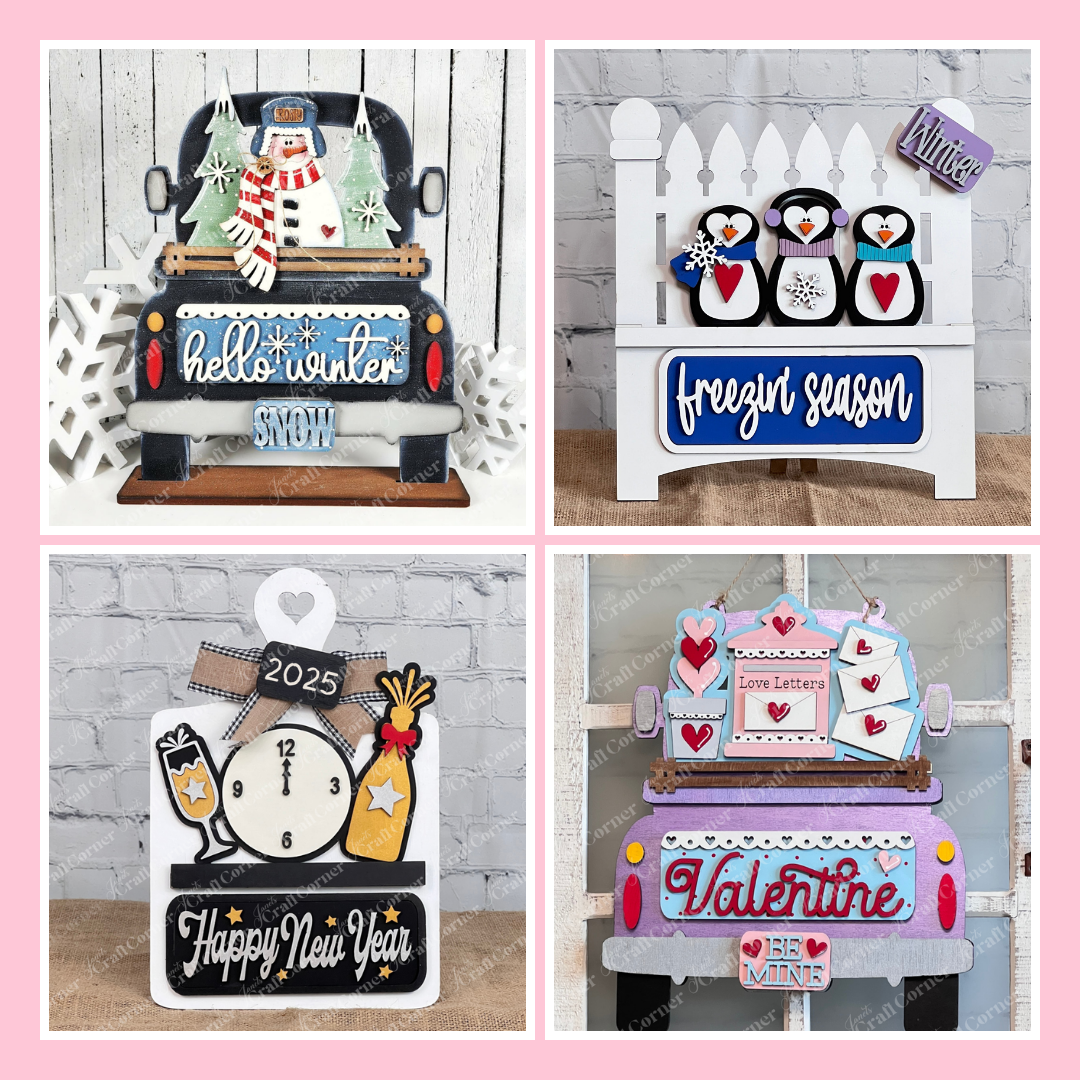 A collage of four festive wooden decorations, each themed for a season: winter, New Year, Valentine’s Day, and a general frosty season, with cheerful designs and bright colors.