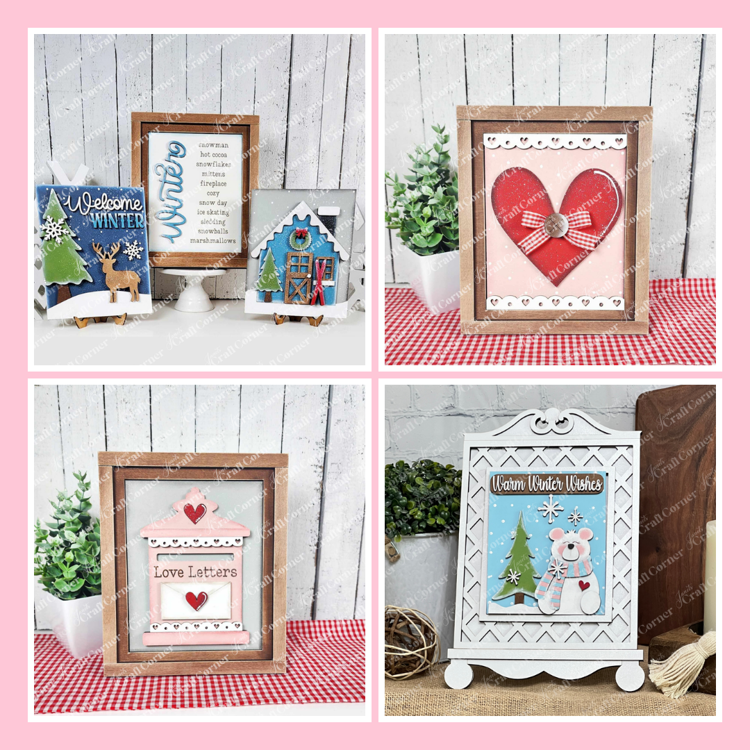 Four farmhouse-style framed decor pieces with winter and Valentine's Day themes, featuring designs like a reindeer, heart, mailbox, and polar bear, displayed on checkered and neutral backgrounds.
