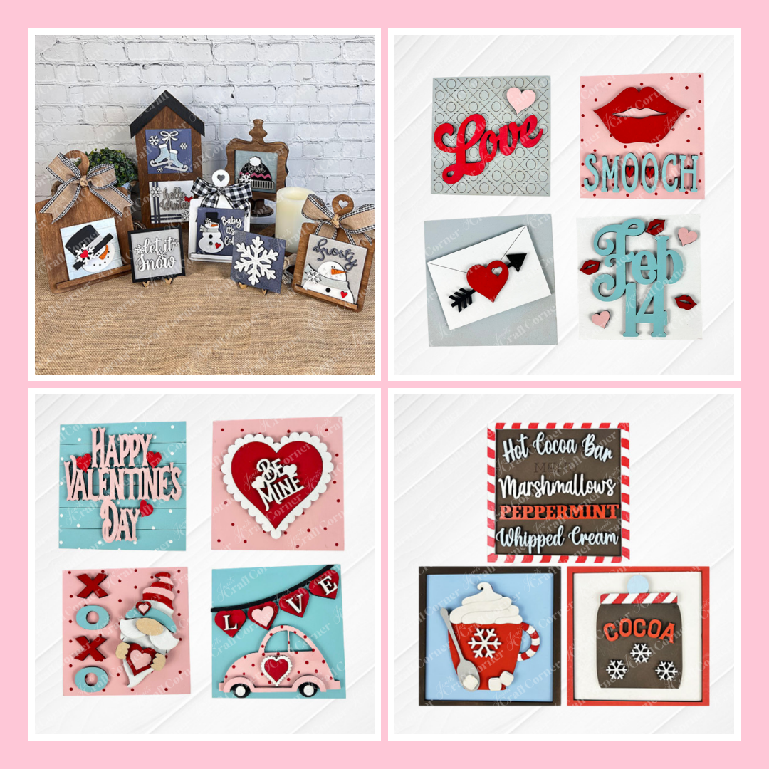 A collage of decorated cookies with winter and Valentine’s Day themes, including hearts, snowflakes, mugs of cocoa, love notes, and messages like "Happy Valentine's Day" and "Smooch," all arranged on pastel backgrounds.