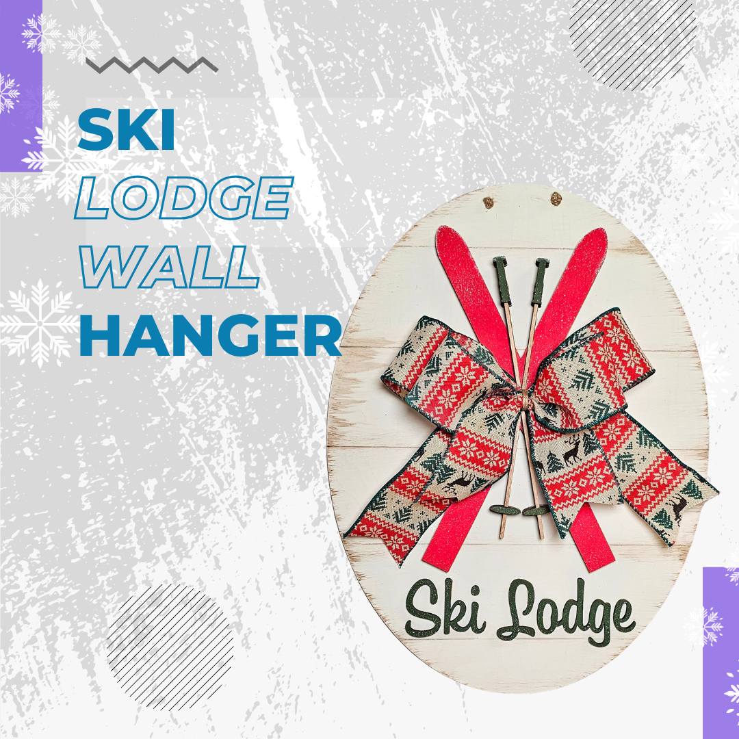 The Ski Lodge Door Hanger from Janet's Craft Corner is a DIY seasonal home décor craft kit, featuring red skis and a snowflake ribbon on an abstract gray snowflake background, accented with blue "SKI LODGE WALL HANGER" text. Perfect for easy home craft projects.