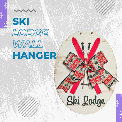 The Ski Lodge Door Hanger from Janet's Craft Corner is a DIY seasonal home décor craft kit, featuring red skis and a snowflake ribbon on an abstract gray snowflake background, accented with blue "SKI LODGE WALL HANGER" text. Perfect for easy home craft projects.