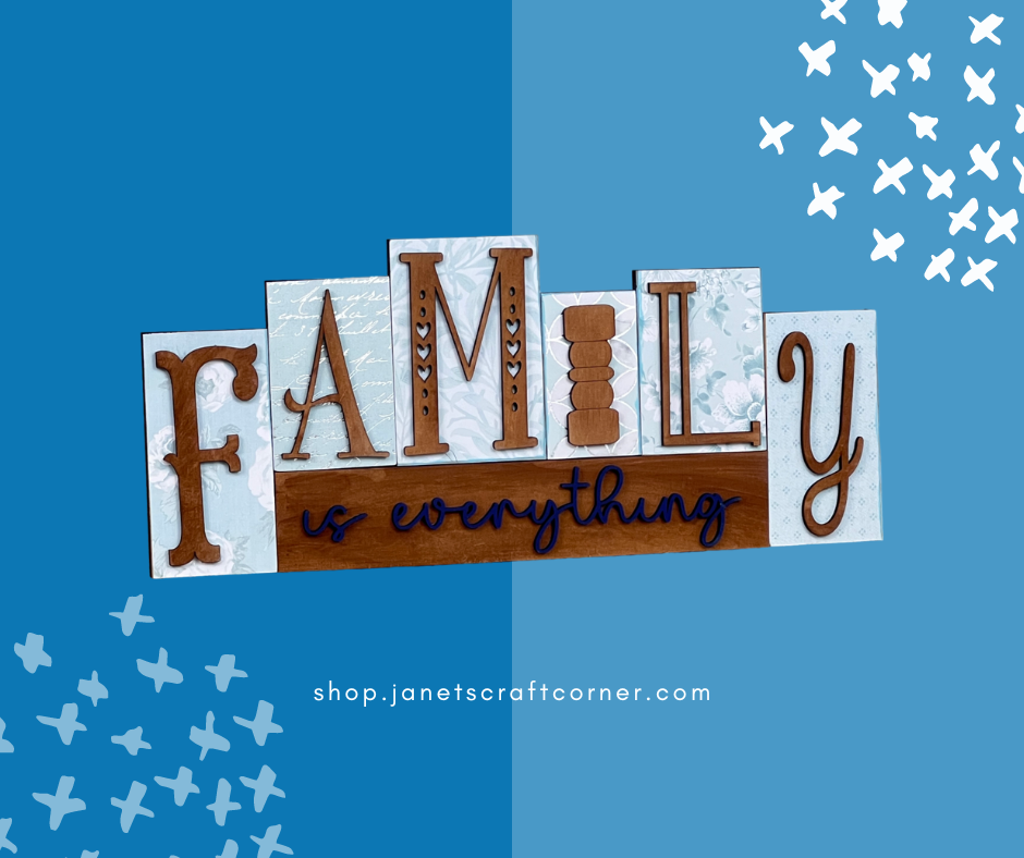 The "Family is Everything" Word Block Shelf Sitter from Janet's Craft Corner features artfully arranged letters with a light and dark blue background. Discover more DIY home decor inspirations at shop.janetscraftcorner.com.